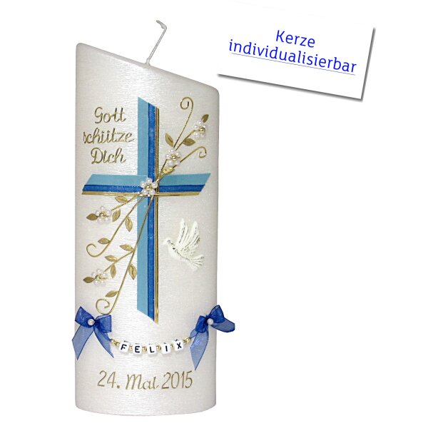 Taufkerze Ellipse abgeschrägt, Kreuz + Blume blau von Prell
