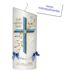 Taufkerze Ellipse abgeschrägt, Kreuz + Blume blau...