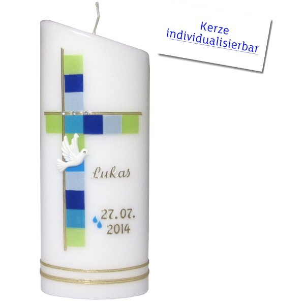 Taufkerze oval weiß, Taube + Kreuz von Prell