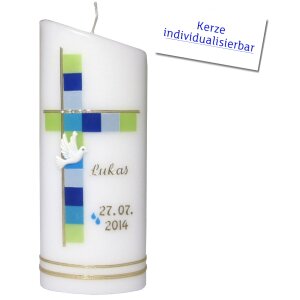 Taufkerze oval weiß, Taube + Kreuz von Prell