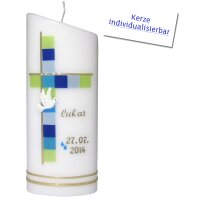 Taufkerze oval weiß, Taube + Kreuz von Prell