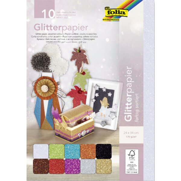 Glitter Papier 170 g/m², 10 Blatt farbig sortiert