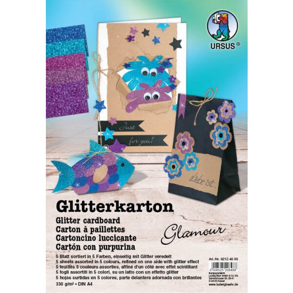 Glitterkarton Glamour, DIN A4, 5 Blatt sortiert in 5 Farben