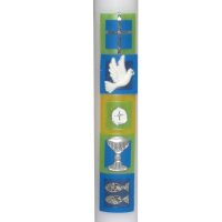 Kommunionkerze weiß, Symbole blau/grün von Prell