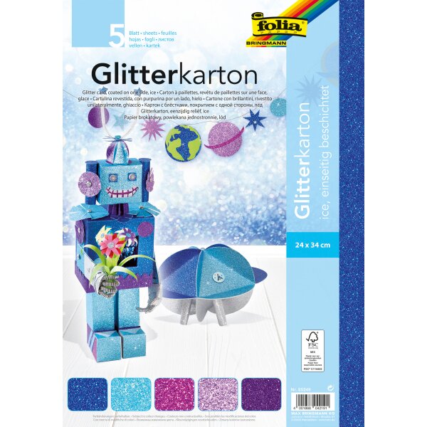 Glitterkarton "Ice" 24 x 34 cm, 300 g/qm, 5 Blatt