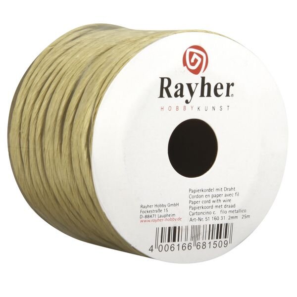 Papierkordel mit Draht, 2mm ø, Rolle 25m, natur