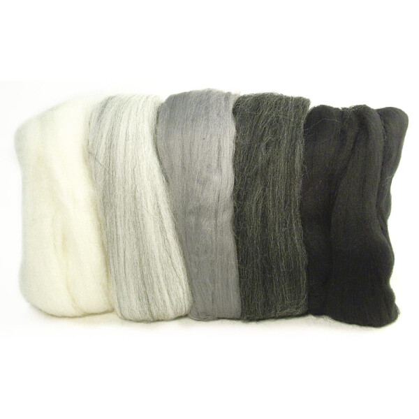 Merino-Kammzug, superfein, 19 mic, 5x10g sortiert, SB-Btl 50g, Schwarz-weiß-grau-Töne