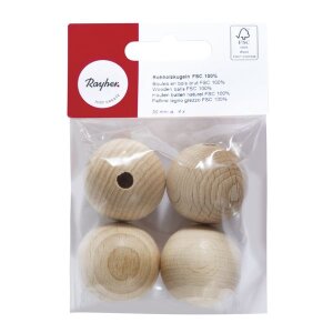 Rohholzkugeln FSC 100%,gebohrt, 30mm &oslash;, 6mm - DL, SB-Btl 4St&uuml;ck