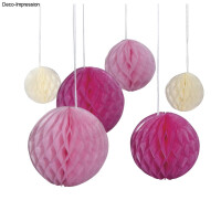Wabenbälle zum Hängen, 5/8/10cm farbl. sortiert, SB-Btl 6Stück, pink/rosa/beige