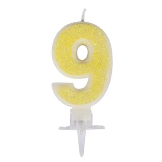 Zahlenkerze 9 mit Glitter und Halter, 10cm, SB-Blister 1Set, gelb