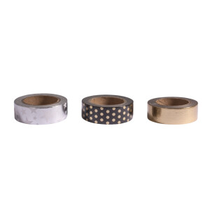 Washi Tape Set Black/Gold/Silver Foil, 15mm, 3 Designs á 10m, Box 30m