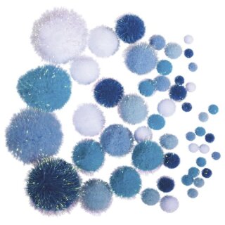 Metallic-Pompons,sortiert, Farben+Größen sortiert, SB-Btl 50Stück, blau-weiß