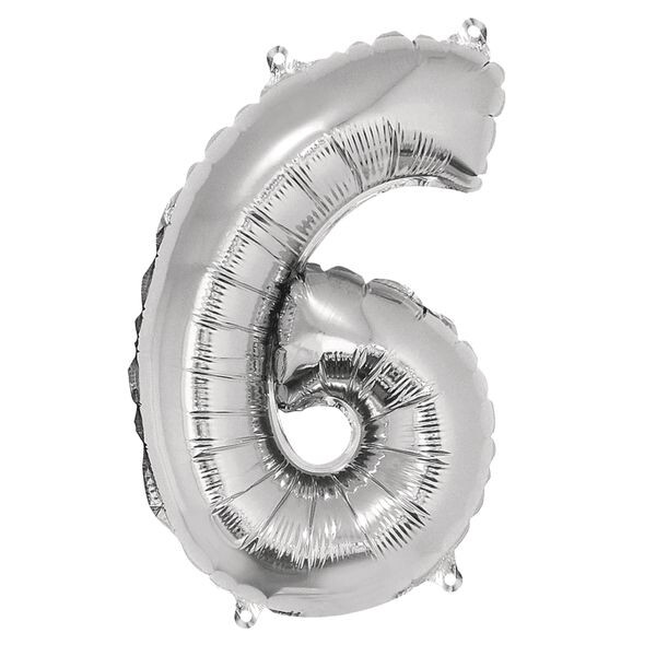 Folienballon Zahl 6, 40cm, SB-Btl 1Stück, silber
