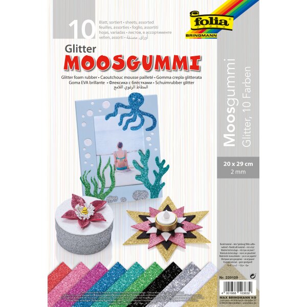 Moosgummi Glitter 10 Bogen, 20 x 29 cm, bunt sortiert