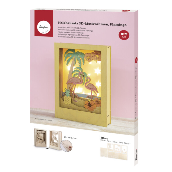 Holzbaus. 3D-Motivr. Flamingo, FSC 100%, 20x30x6,7cm, 10-tlg. , Box 1Set, natur