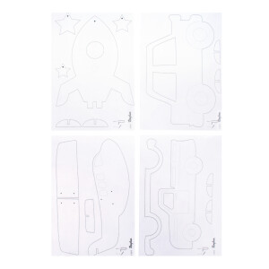 Sperrholzplatten m. Vorlagen- Fahrzeuge, 300x200x4mm, 4 Platten, Beutel 1Set, natur