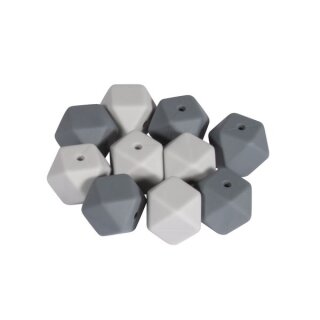 Silikonperlen Hexagon, 14mm ø, SB-Btl 10Stück, grau Töne