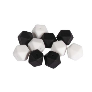 Silikonperlen Hexagon, 14mm ø, SB-Btl 10Stück, schwarz/weiß