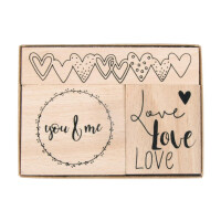 Holzstempelset Liebe, 3,2x3,8cm - 8,1x1,6cm, Box 3Stück