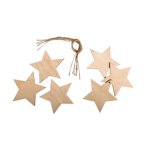 Holz H&auml;nger Stern, FSCMixCred., 7,5cm &oslash;, 0,3cm, SB-Btl 6St&uuml;ck, natur