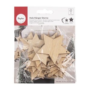 Holz H&auml;nger Sterne, FSCMixCred., 1St.6,8cm/23St.4,8cm, SB-Btl 24St&uuml;ck, natur