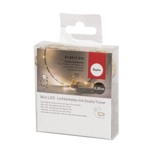Mini LED-Lichterkette m. Draht/Timer, 235cm, 40 LEDs, Batteriebetrieb, lichtgelb