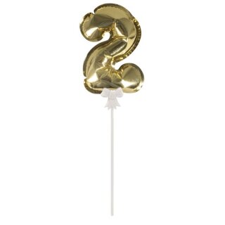 Folienballon Topper Zahl 2, Ballon 13cm +Stecker 19cm, SB-Btl 1Stück, gold