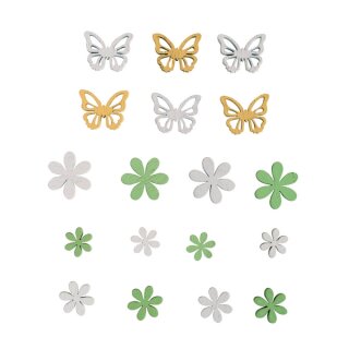 Holz-Streuteile Blüten + Schmetterlinge, 1,5 - 2,5 cm, sortiert, SB-Btl 18Stück