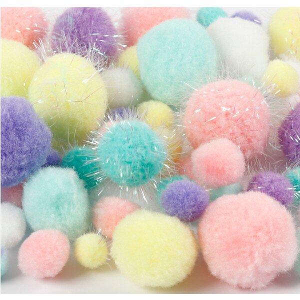 Pompons Pastell Glitter, Ø 15 – 40 mm, ca. 75 Stück