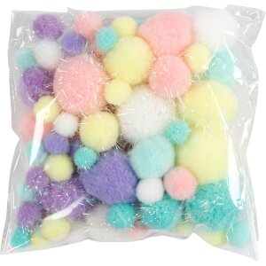 Pompons Pastell Glitter, Ø 15 – 40 mm, ca. 75 Stück