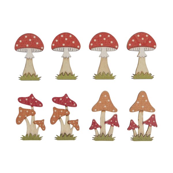 Holz-Streuteile Fliegenpilze, 4-4,5cm, mit Klebepunkt, SB-Btl. 8Stück, bunt