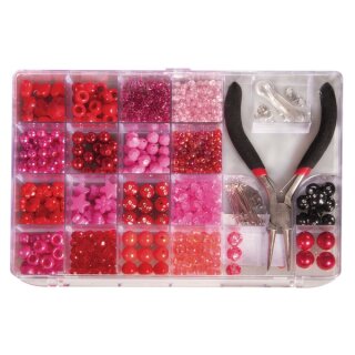 Perlen-Box mit Zange, 20x13,5cm, Farb- u. Größenmix, Box, pink/rot, 180g
