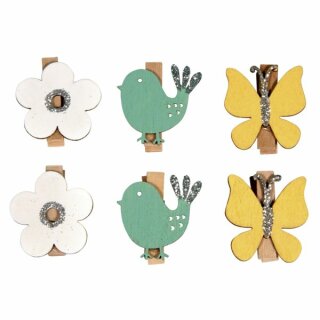 Holzklammern Schmetterling + Vogel, 3-3,5cm, SB-Btl. 6Stück, bunt