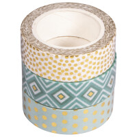 Washi Tape Set Mint/Gold Foil, 15mm, 3 Designs á 10m, Box 30m