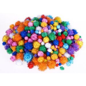 Pompons Glitzer, 400 Stück in 9 Farben