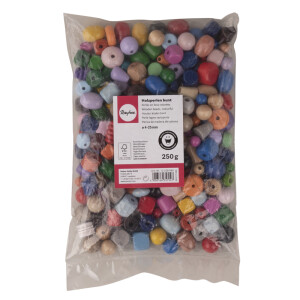 Holzperlen bunt, FSC 100%, 4-25mm &oslash;, bunt gemischt, Beutel 250g, bunt