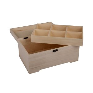 Holz Schatulle m. Einsatz, FSC 100%, 28x18x13,5cm, 2-tlg., 6 F&auml;cher, natur
