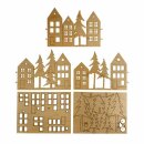 Holz Deko Aufsteller, FSC Mix Credit, 3x 20,2x10,5cm, 64tlg., Häuser, Box 1Set, natur