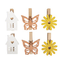 Holzklammern Blume Haus Schmetterling, 2,5x3,5cm, sortiert, SB-Btl. 6Stück