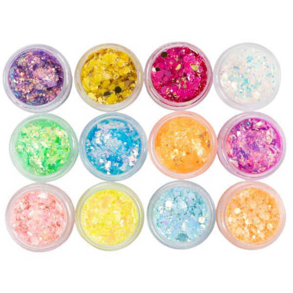 Modelliermasse Glitter Clay verschieden sortiert, 12x 5 ml. Leider bereits ausverkauft.