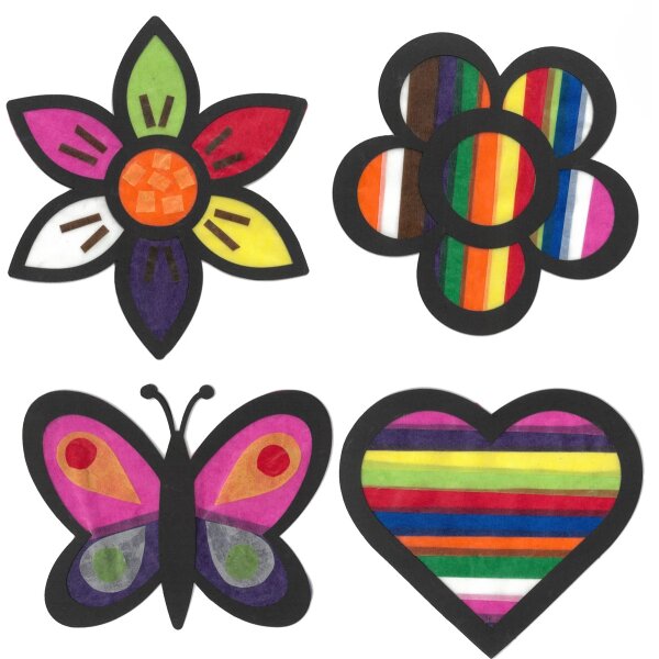 Bastelset Fensterbilder Blumen, Schmetterling, Herz vorgestanzt von Prell, 16 Stück
