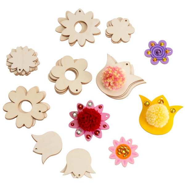 Holzanhänger Pompon Blumen, 32er Set, voraussichtlich ab KW 32 lieferbar