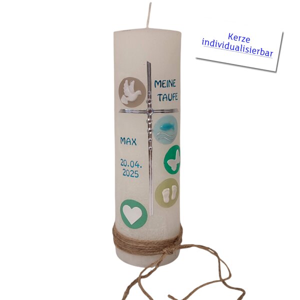Taufkerze Rustica weiß Symbole, von Prell
