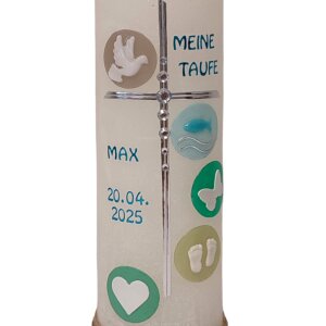 Taufkerze Rustica weiß Symbole, von Prell