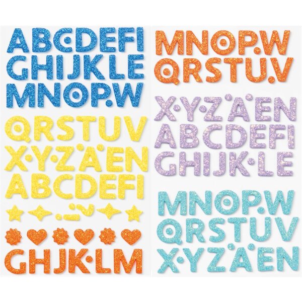 Glitter Sticker Buchstaben aus Moosgummi, 128 Stück