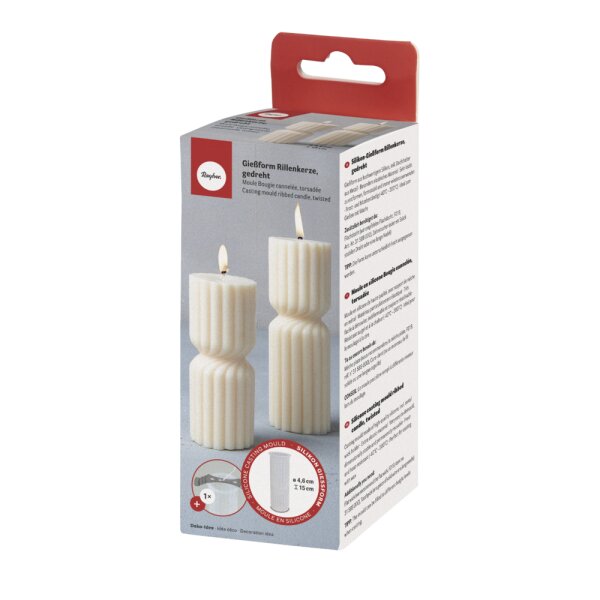 Silikon Gießform Rillenkerze, gedreht, ø4,6x15cm, +Metall Dochthalter, Box 1Set