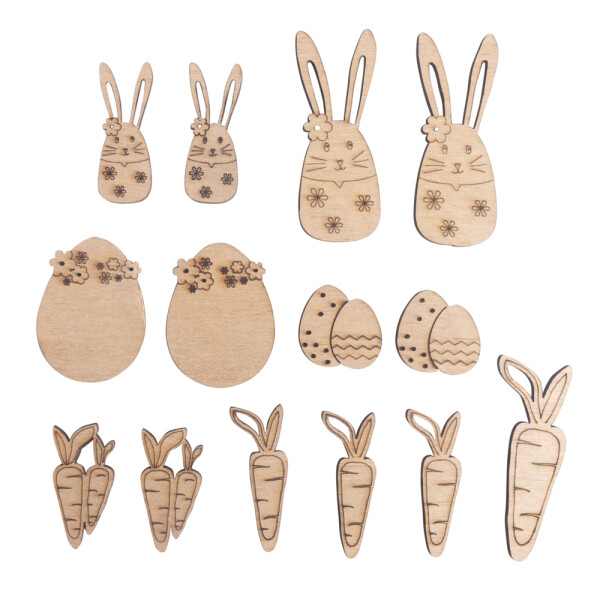 Holz Streuteile Ostern, FSC Mix Credit, 1,7-6cm, sortiert, SB-Btl. 14Stück, natur