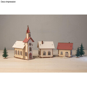 Holzbausatz Lichterdorf, FSC Mix Credit, 7-19cm,84tlg,+LED Lichterkette, Box 1Set, natur