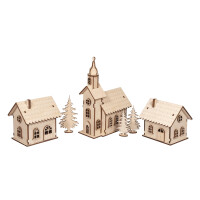 Holzbausatz Lichterdorf, FSC Mix Credit, 7-19cm,84tlg,+LED Lichterkette, Box 1Set, natur