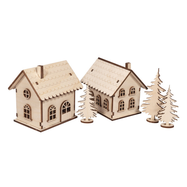 Holzbausatz Lichterhäuser,FSC Mix Credit, 7-10cm,48tlg,+LEDLichterkette, Box 1Set, natur